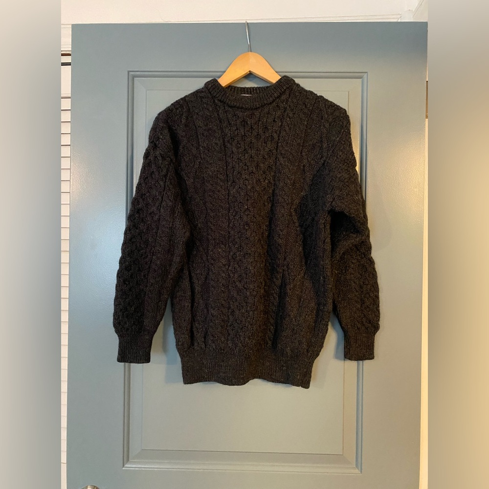 Aran Crafts Dark Gray pullover Crewneck Cable Knit Sweater Med 100% wool Ireland